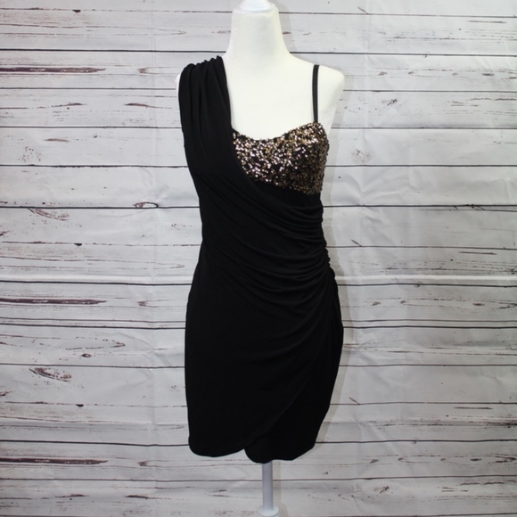 Promgirl.com Dresses & Skirts - Black Ruched Cocktail Dress with Gold Sequins